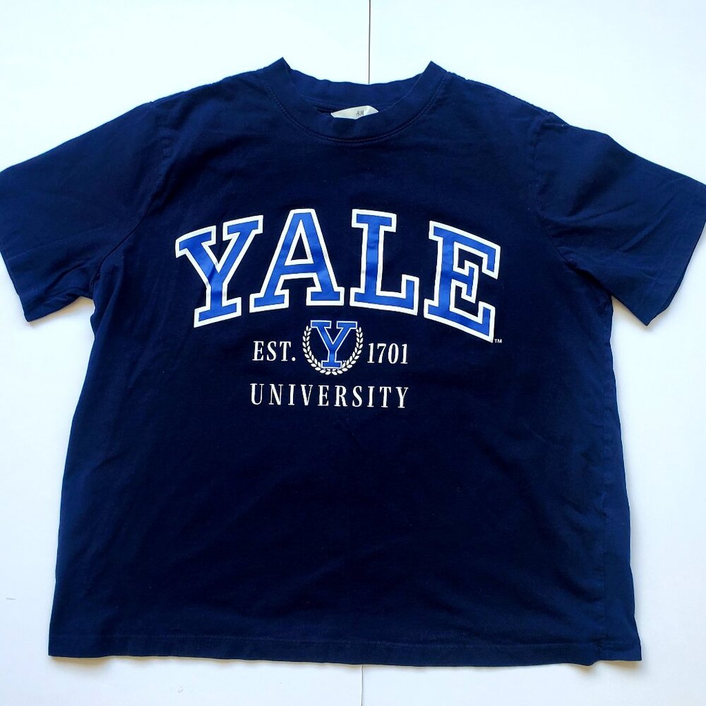 Women's YALE Uni Academia Boxy T-shirt Navy Blue & Light Blue Soft Comfy LARGE